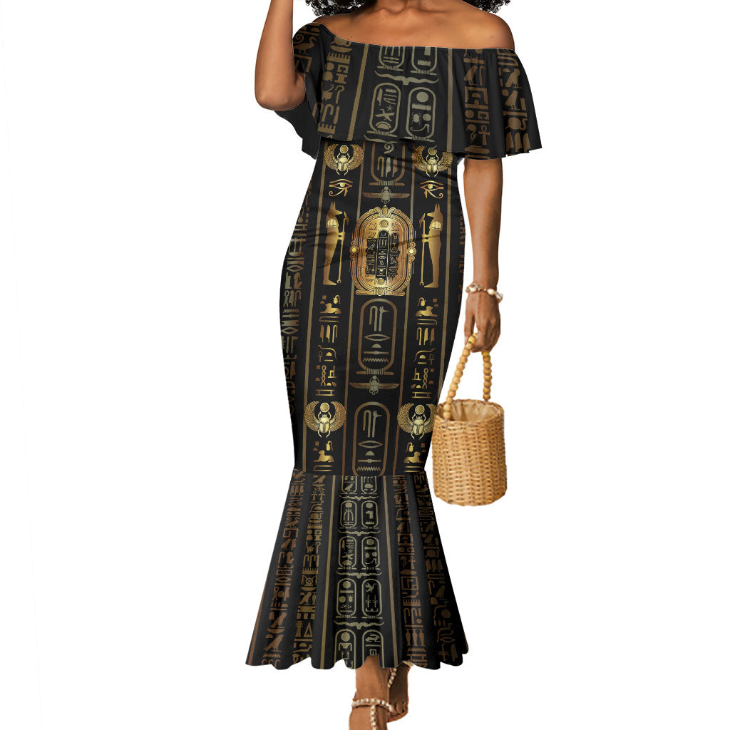 Egypt Cartouche Mermaid Dress Gold Pharaoh Hieroglyphics Patterns