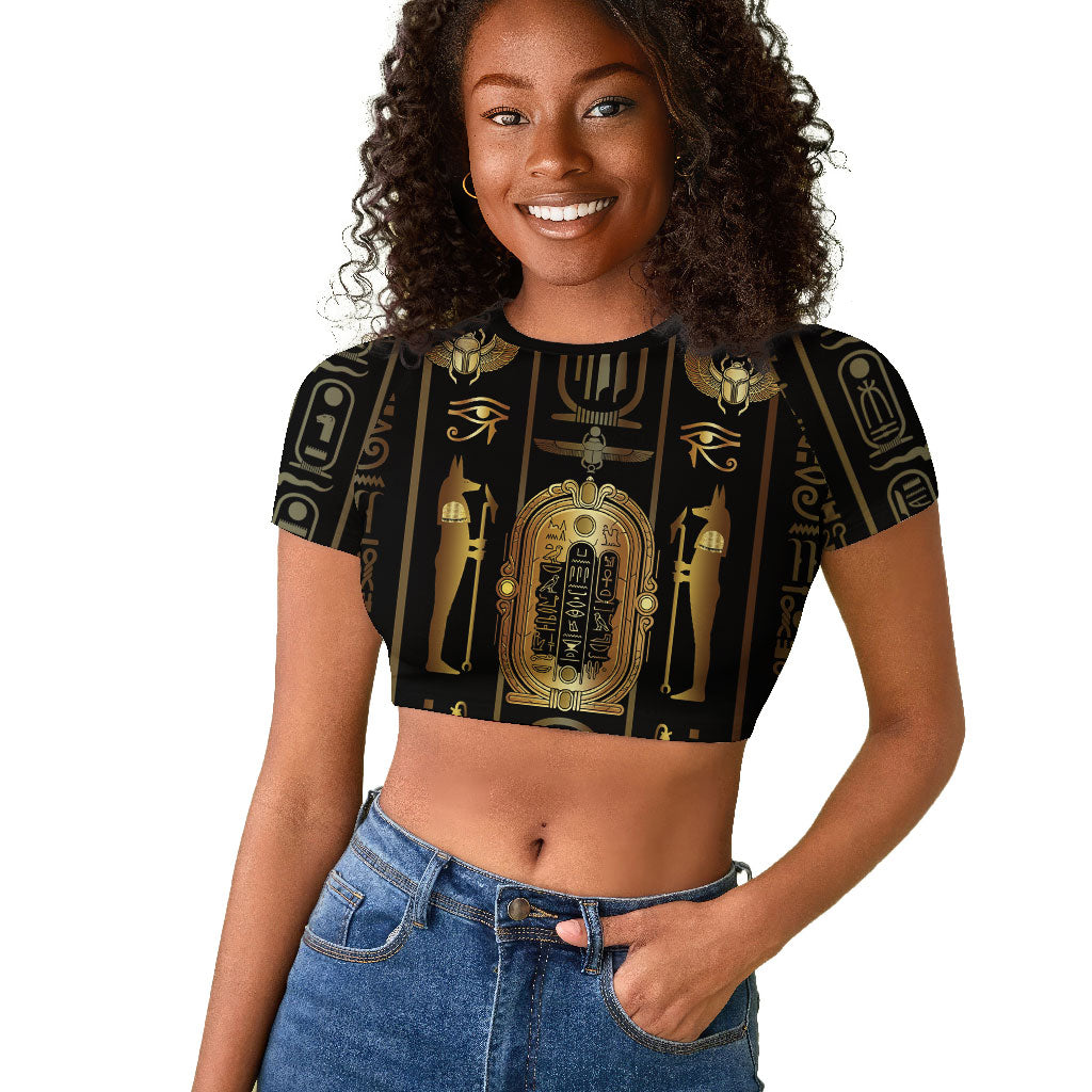 Egypt Cartouche Raglan Cropped T shirt Gold Pharaoh Hieroglyphics Patterns