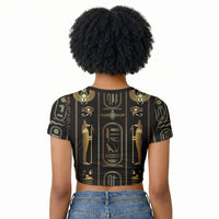 Egypt Cartouche Raglan Cropped T shirt Gold Pharaoh Hieroglyphics Patterns