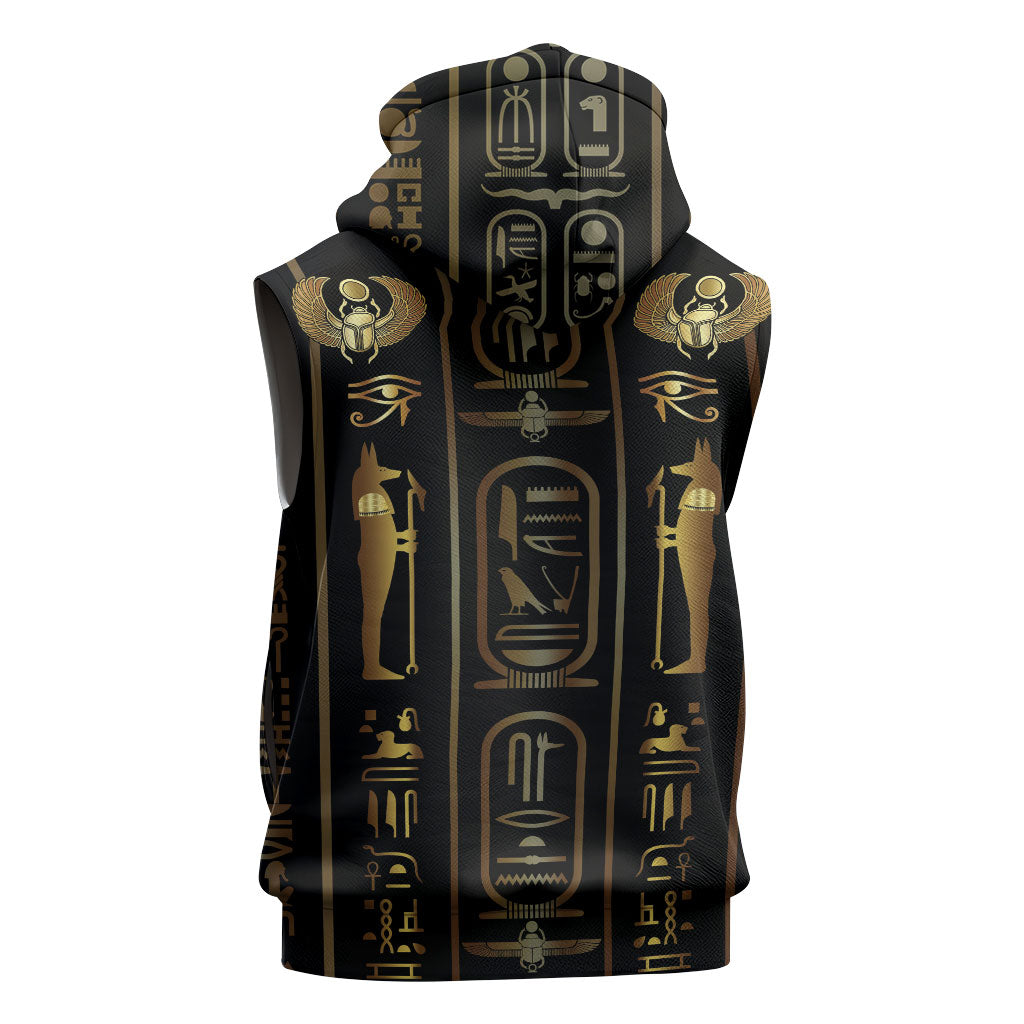 Egypt Cartouche Sleeveless Hoodie Gold Pharaoh Hieroglyphics Patterns
