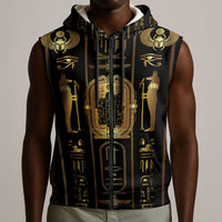 Egypt Cartouche Sleeveless Zip Hoodie Gold Pharaoh Hieroglyphics Patterns