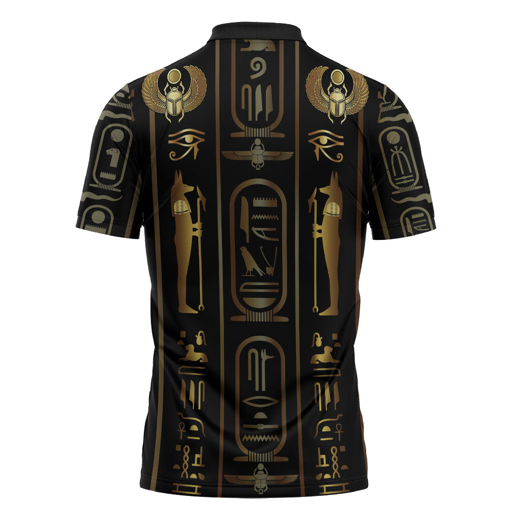 Egypt Cartouche Zipper Polo Shirt Gold Pharaoh Hieroglyphics Patterns