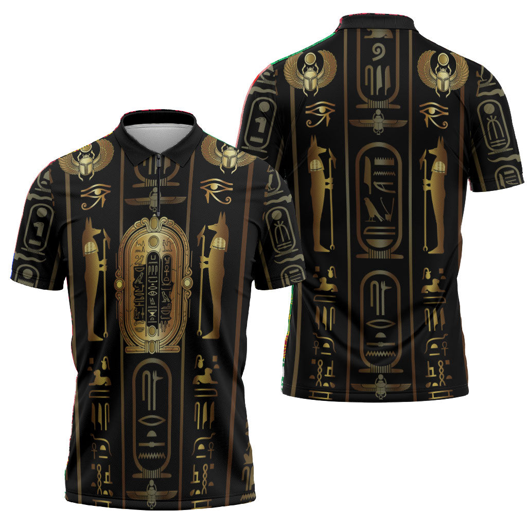 Egypt Cartouche Zipper Polo Shirt Gold Pharaoh Hieroglyphics Patterns