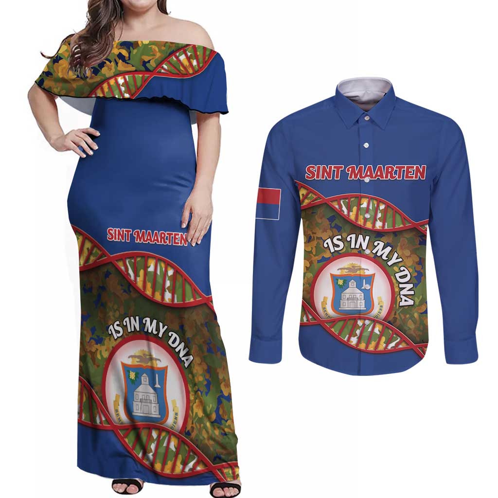 Personalized Sint Maarten Is In My DNA Couples Matching Off Shoulder Maxi Dress and Long Sleeve Button Shirt - Wonder Print Shop