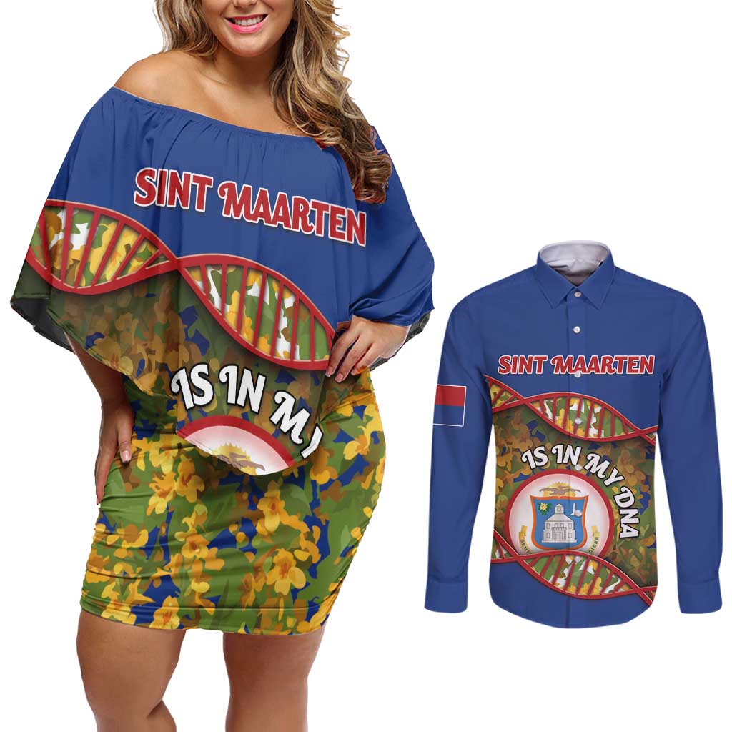 Personalized Sint Maarten Is In My DNA Couples Matching Off Shoulder Short Dress and Long Sleeve Button Shirt - Wonder Print Shop