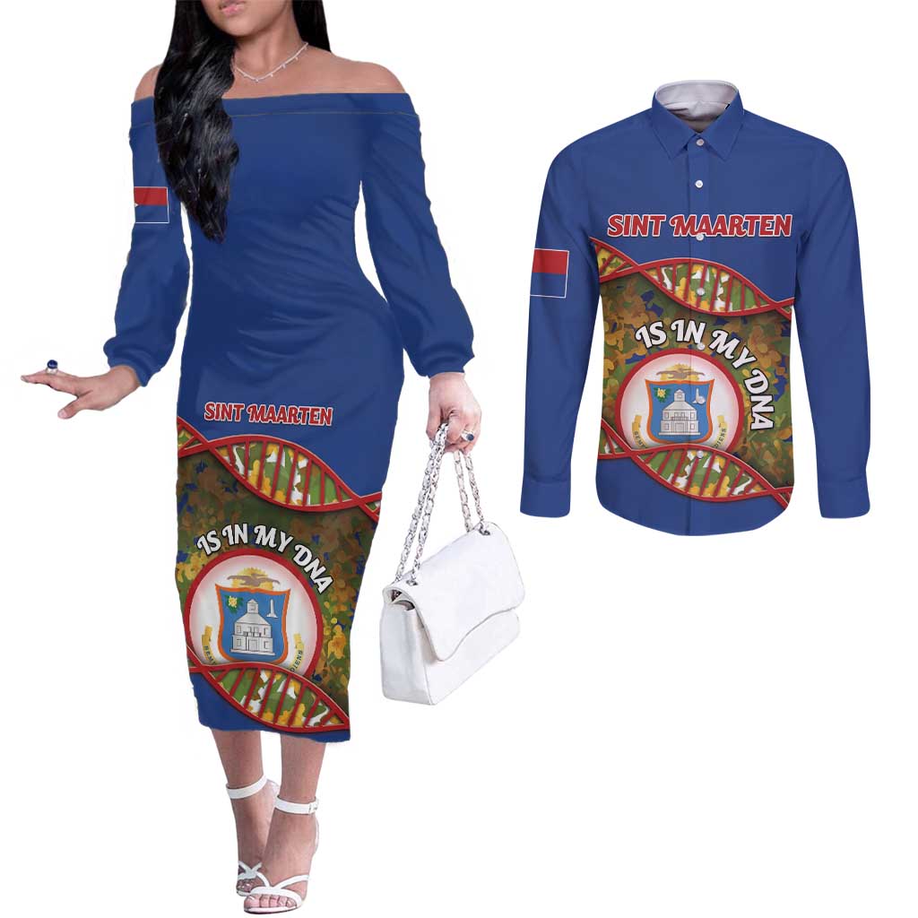 Personalized Sint Maarten Is In My DNA Couples Matching Off The Shoulder Long Sleeve Dress and Long Sleeve Button Shirt - Wonder Print Shop