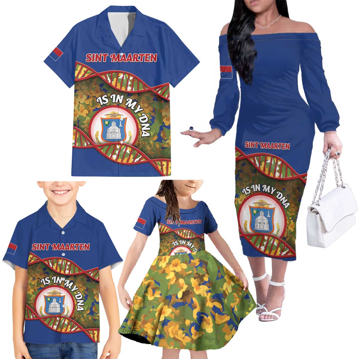 Personalized Sint Maarten Is In My DNA Family Matching Off The Shoulder Long Sleeve Dress and Hawaiian Shirt - Wonder Print Shop