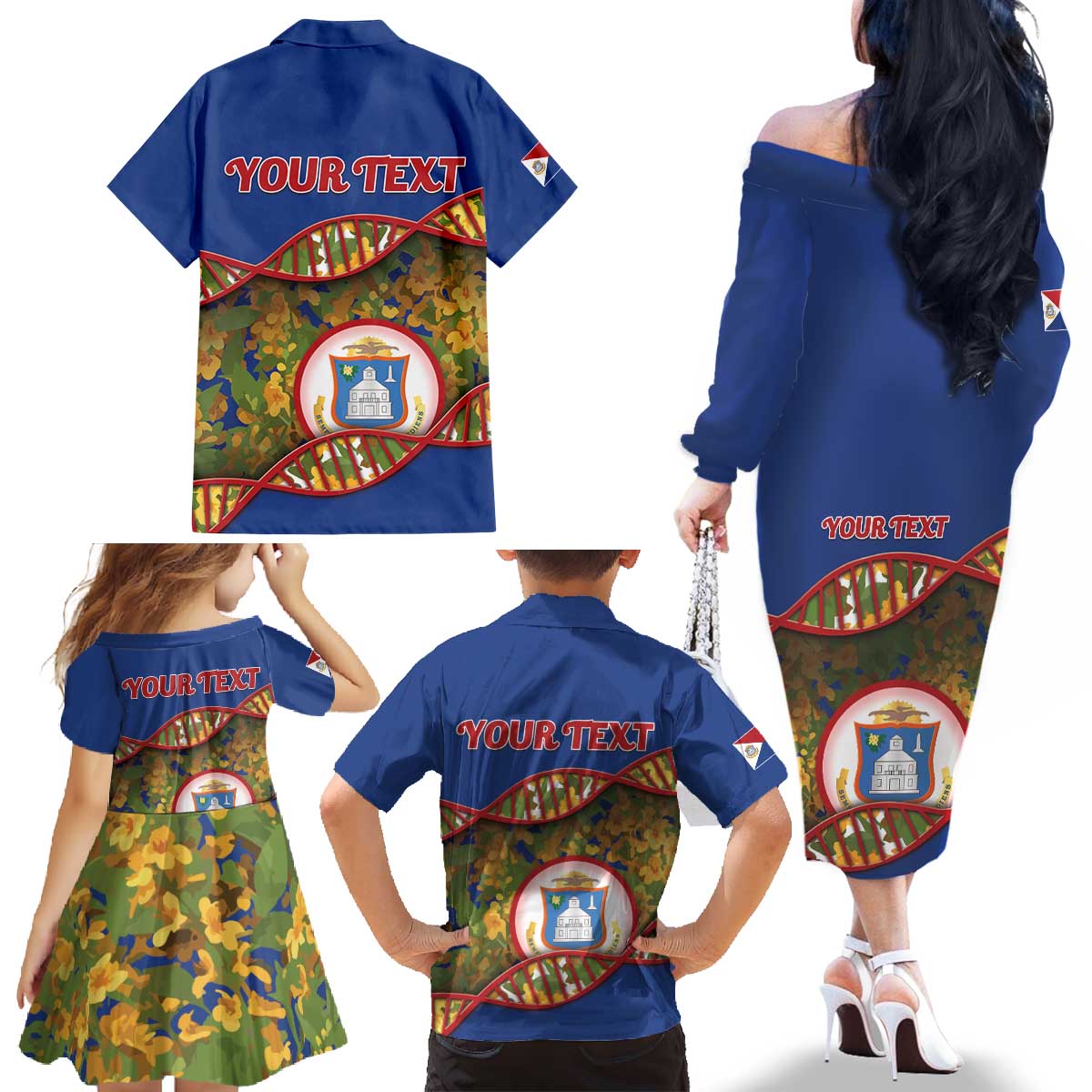 Personalized Sint Maarten Is In My DNA Family Matching Off The Shoulder Long Sleeve Dress and Hawaiian Shirt - Wonder Print Shop