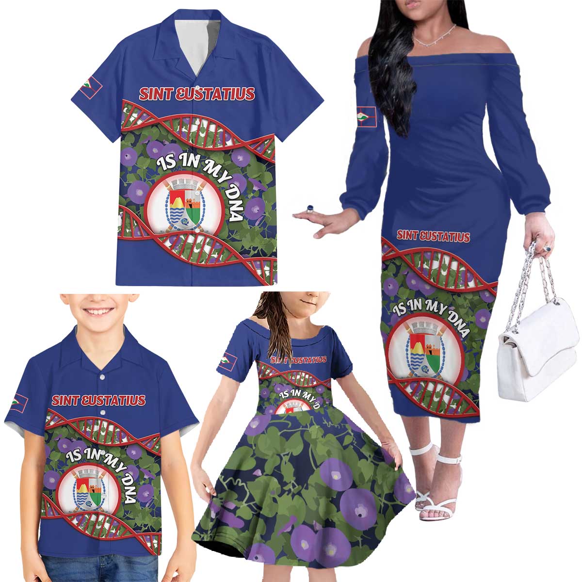 Personalized Sint Eustatius Is In My DNA Family Matching Off The Shoulder Long Sleeve Dress and Hawaiian Shirt - Wonder Print Shop