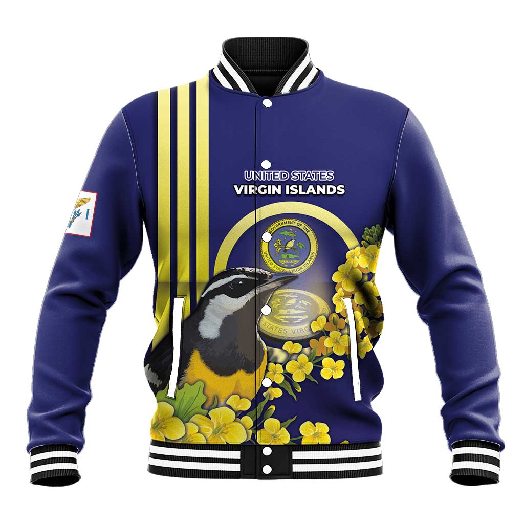 Personalized United States Virgin Islands Baseball Jacket Bananaquit Bird With Yellow Sage Flowers - Wonder Print Shop