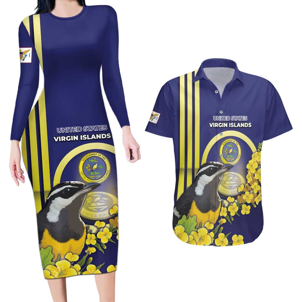Personalized United States Virgin Islands Couples Matching Long Sleeve Bodycon Dress and Hawaiian Shirt Bananaquit Bird With Yellow Sage Flowers - Wonder Print Shop