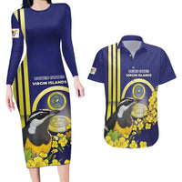 Personalized United States Virgin Islands Couples Matching Long Sleeve Bodycon Dress and Hawaiian Shirt Bananaquit Bird With Yellow Sage Flowers - Wonder Print Shop