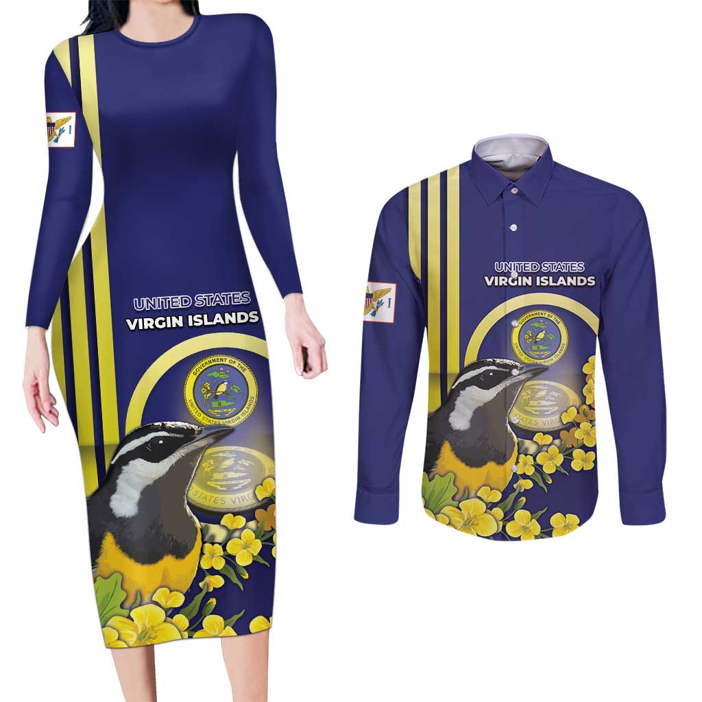 Personalized United States Virgin Islands Couples Matching Long Sleeve Bodycon Dress and Long Sleeve Button Shirt Bananaquit Bird With Yellow Sage Flowers - Wonder Print Shop