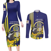 Personalized United States Virgin Islands Couples Matching Long Sleeve Bodycon Dress and Long Sleeve Button Shirt Bananaquit Bird With Yellow Sage Flowers - Wonder Print Shop