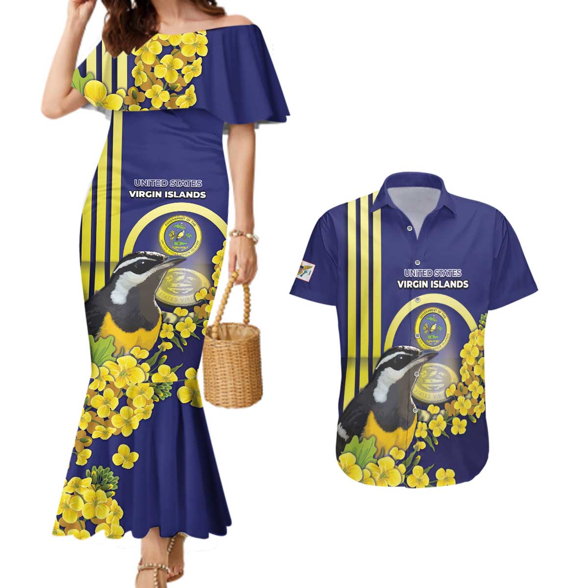 Personalized United States Virgin Islands Couples Matching Mermaid Dress and Hawaiian Shirt Bananaquit Bird With Yellow Sage Flowers - Wonder Print Shop