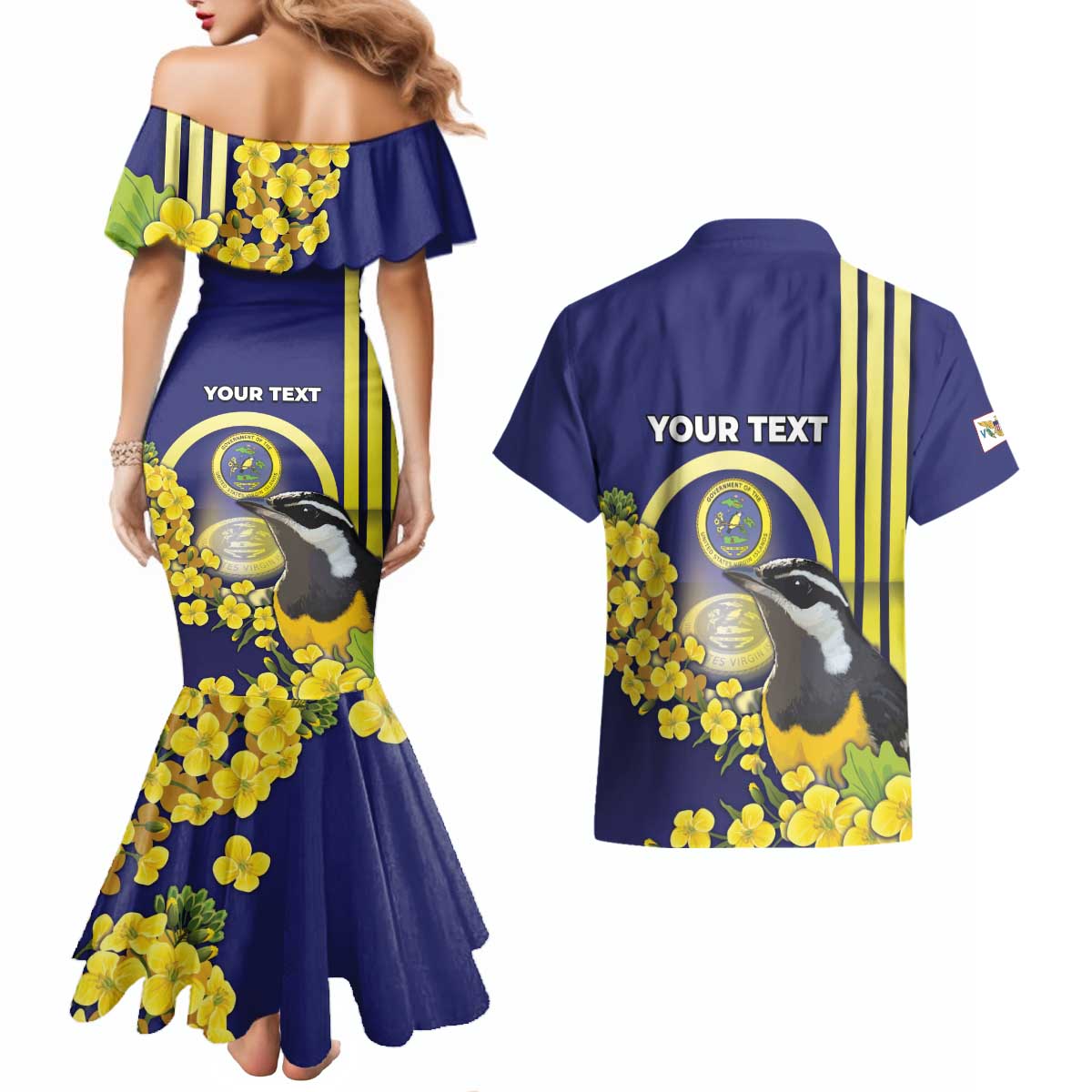 Personalized United States Virgin Islands Couples Matching Mermaid Dress and Hawaiian Shirt Bananaquit Bird With Yellow Sage Flowers - Wonder Print Shop