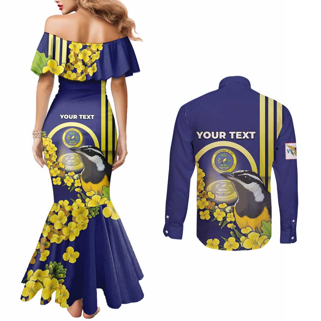 Personalized United States Virgin Islands Couples Matching Mermaid Dress and Long Sleeve Button Shirt Bananaquit Bird With Yellow Sage Flowers - Wonder Print Shop