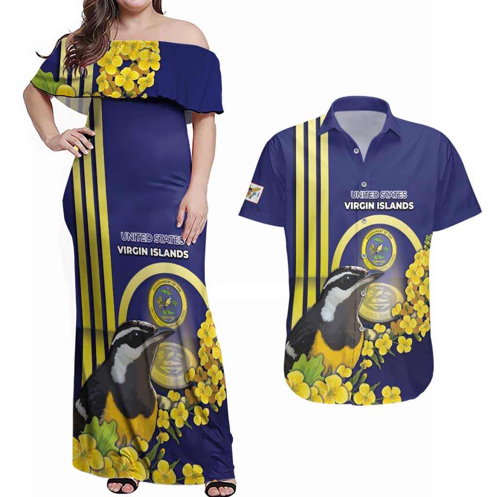 Personalized United States Virgin Islands Couples Matching Off Shoulder Maxi Dress and Hawaiian Shirt Bananaquit Bird With Yellow Sage Flowers - Wonder Print Shop