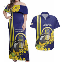Personalized United States Virgin Islands Couples Matching Off Shoulder Maxi Dress and Hawaiian Shirt Bananaquit Bird With Yellow Sage Flowers - Wonder Print Shop