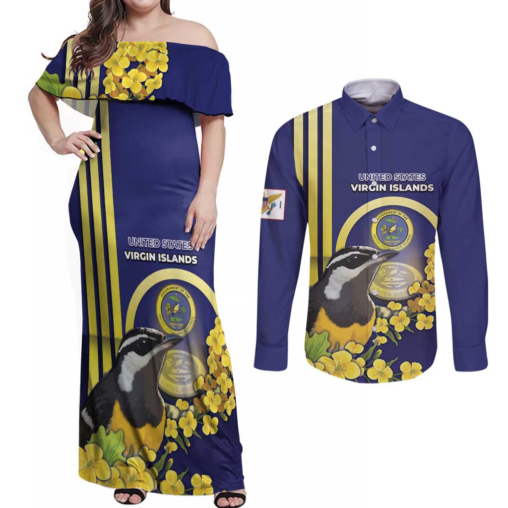 Personalized United States Virgin Islands Couples Matching Off Shoulder Maxi Dress and Long Sleeve Button Shirt Bananaquit Bird With Yellow Sage Flowers - Wonder Print Shop