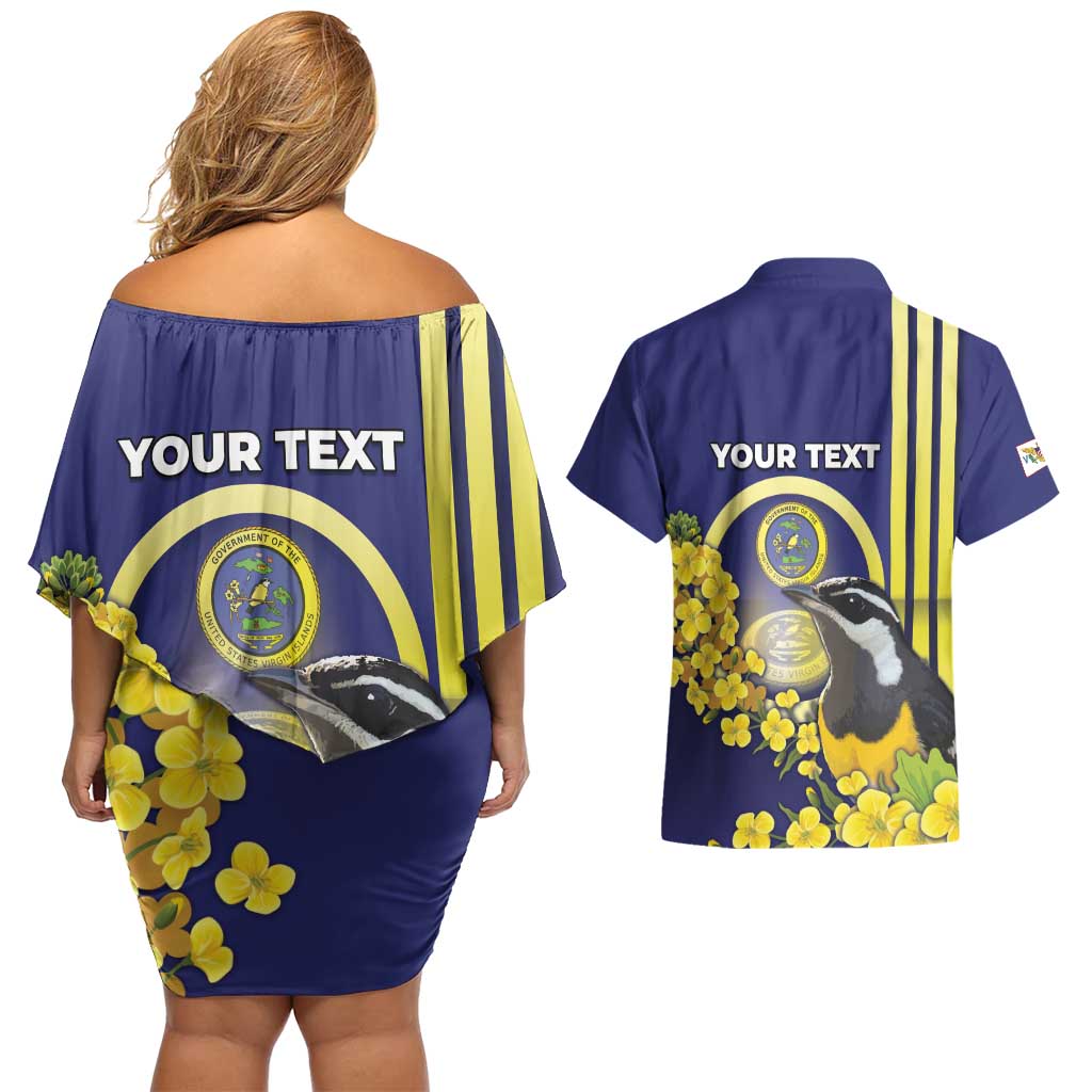 Personalized United States Virgin Islands Couples Matching Off Shoulder Short Dress and Hawaiian Shirt Bananaquit Bird With Yellow Sage Flowers - Wonder Print Shop