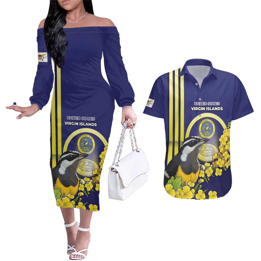 Personalized United States Virgin Islands Couples Matching Off The Shoulder Long Sleeve Dress and Hawaiian Shirt Bananaquit Bird With Yellow Sage Flowers - Wonder Print Shop