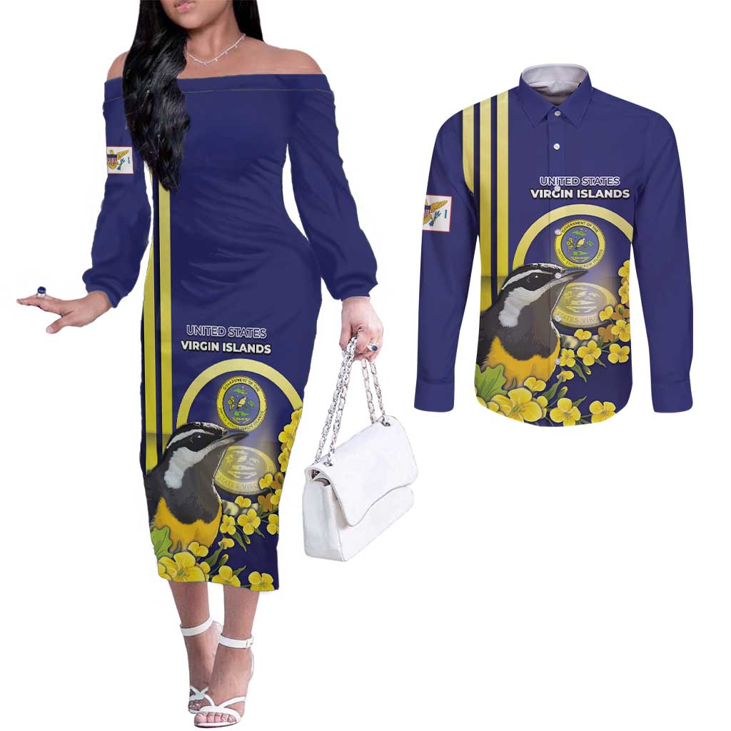Personalized United States Virgin Islands Couples Matching Off The Shoulder Long Sleeve Dress and Long Sleeve Button Shirt Bananaquit Bird With Yellow Sage Flowers - Wonder Print Shop