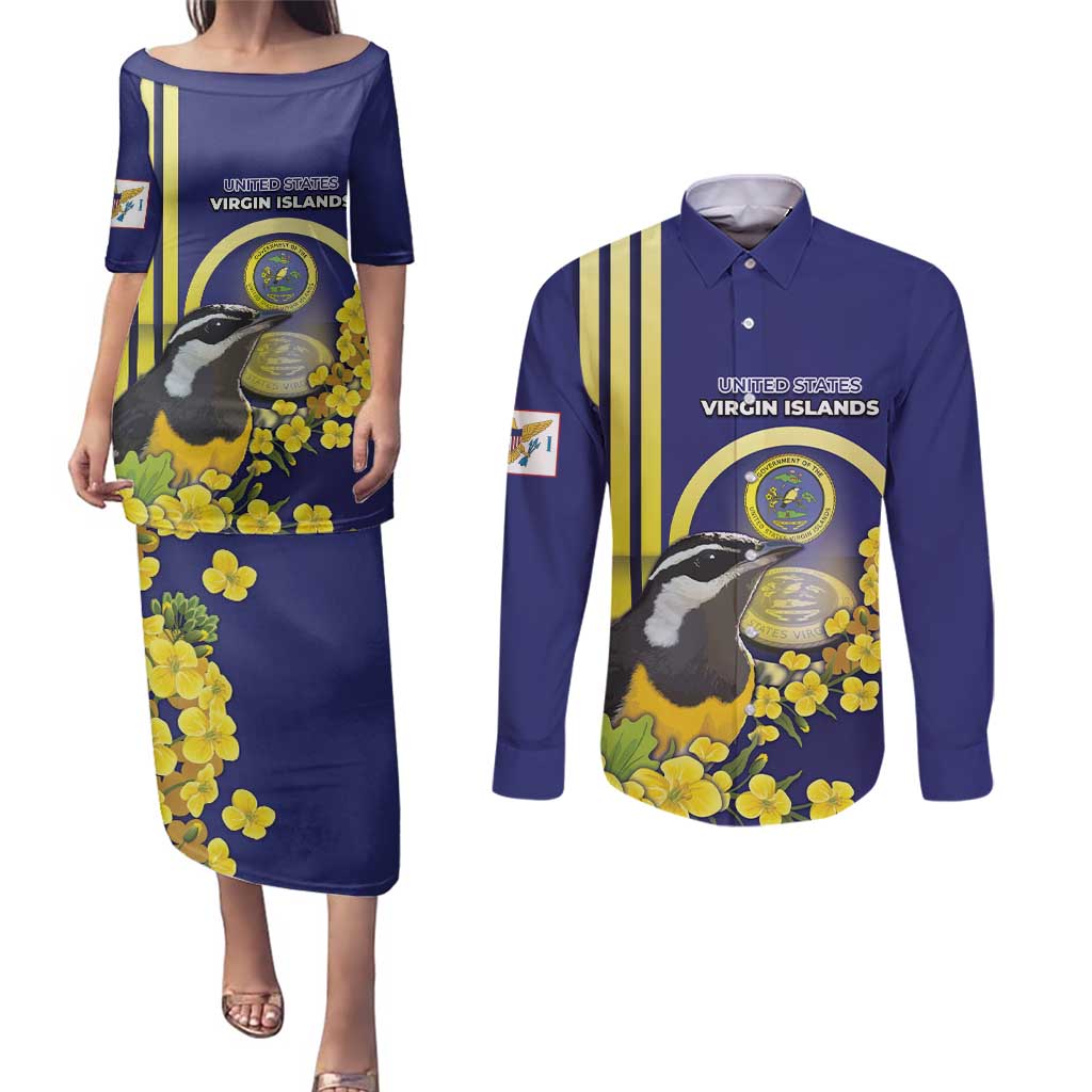 Personalized United States Virgin Islands Couples Matching Puletasi and Long Sleeve Button Shirt Bananaquit Bird With Yellow Sage Flowers - Wonder Print Shop
