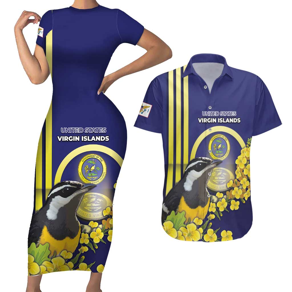 Personalized United States Virgin Islands Couples Matching Short Sleeve Bodycon Dress and Hawaiian Shirt Bananaquit Bird With Yellow Sage Flowers - Wonder Print Shop