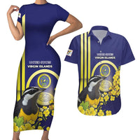 Personalized United States Virgin Islands Couples Matching Short Sleeve Bodycon Dress and Hawaiian Shirt Bananaquit Bird With Yellow Sage Flowers - Wonder Print Shop