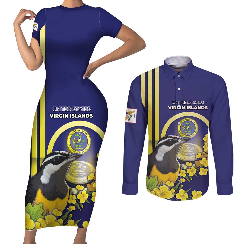 Personalized United States Virgin Islands Couples Matching Short Sleeve Bodycon Dress and Long Sleeve Button Shirt Bananaquit Bird With Yellow Sage Flowers - Wonder Print Shop