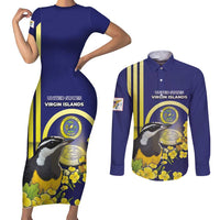 Personalized United States Virgin Islands Couples Matching Short Sleeve Bodycon Dress and Long Sleeve Button Shirt Bananaquit Bird With Yellow Sage Flowers - Wonder Print Shop