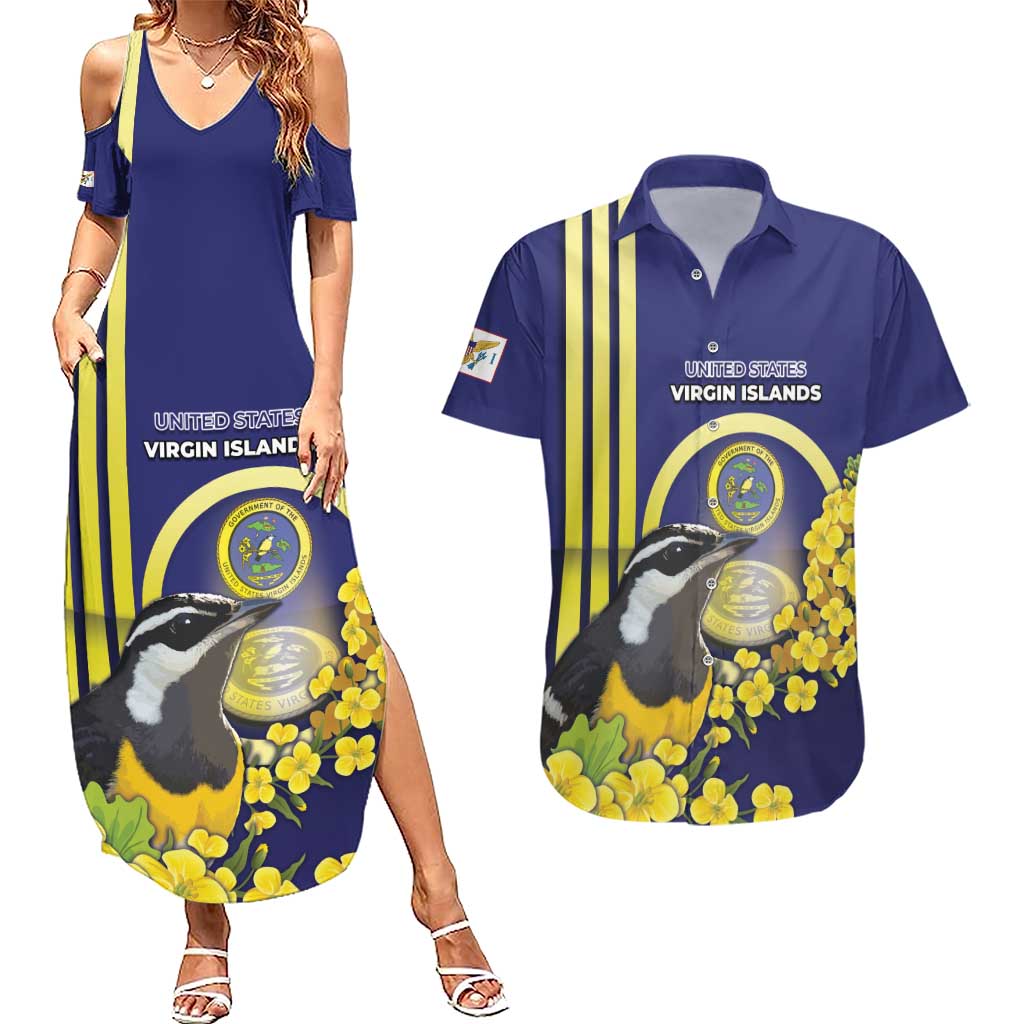 Personalized United States Virgin Islands Couples Matching Summer Maxi Dress and Hawaiian Shirt Bananaquit Bird With Yellow Sage Flowers - Wonder Print Shop