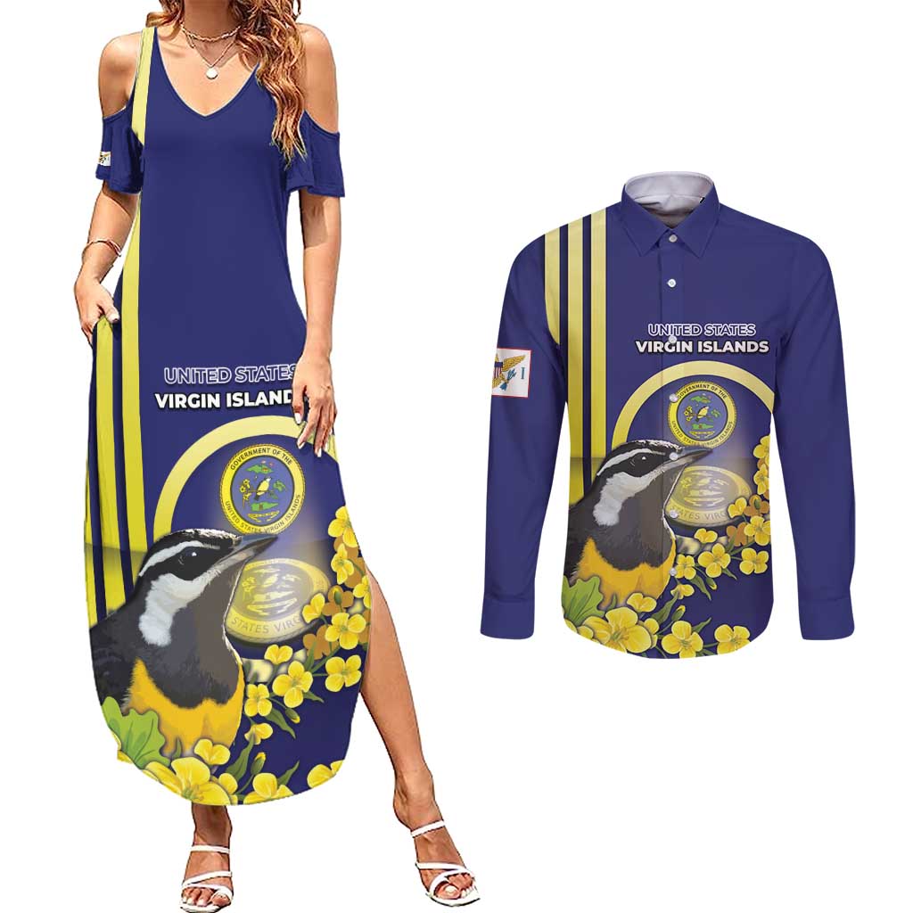 Personalized United States Virgin Islands Couples Matching Summer Maxi Dress and Long Sleeve Button Shirt Bananaquit Bird With Yellow Sage Flowers - Wonder Print Shop