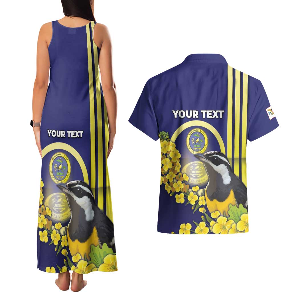 Personalized United States Virgin Islands Couples Matching Tank Maxi Dress and Hawaiian Shirt Bananaquit Bird With Yellow Sage Flowers - Wonder Print Shop