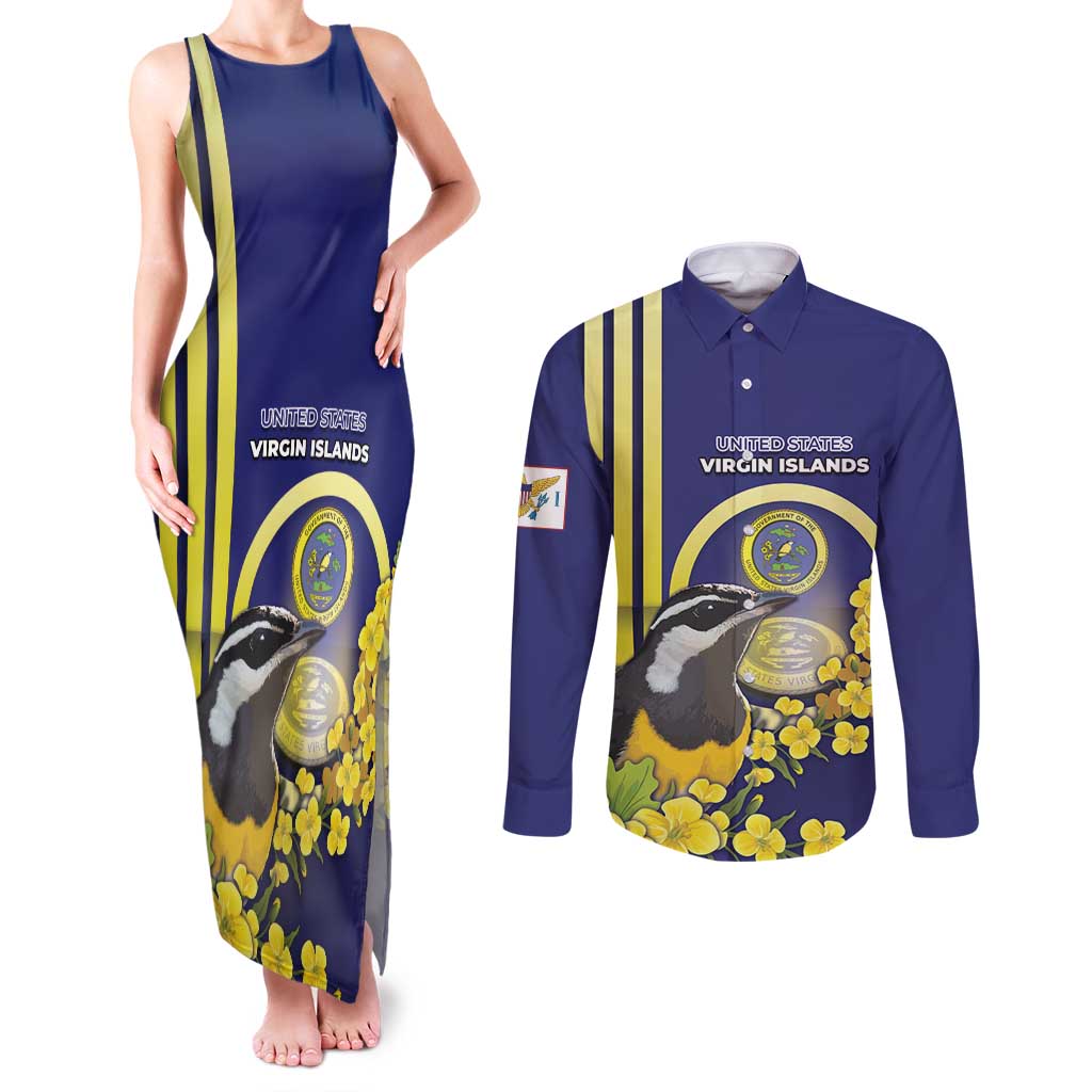 Personalized United States Virgin Islands Couples Matching Tank Maxi Dress and Long Sleeve Button Shirt Bananaquit Bird With Yellow Sage Flowers - Wonder Print Shop