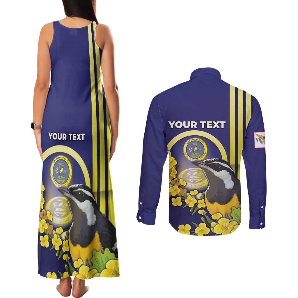 Personalized United States Virgin Islands Couples Matching Tank Maxi Dress and Long Sleeve Button Shirt Bananaquit Bird With Yellow Sage Flowers - Wonder Print Shop
