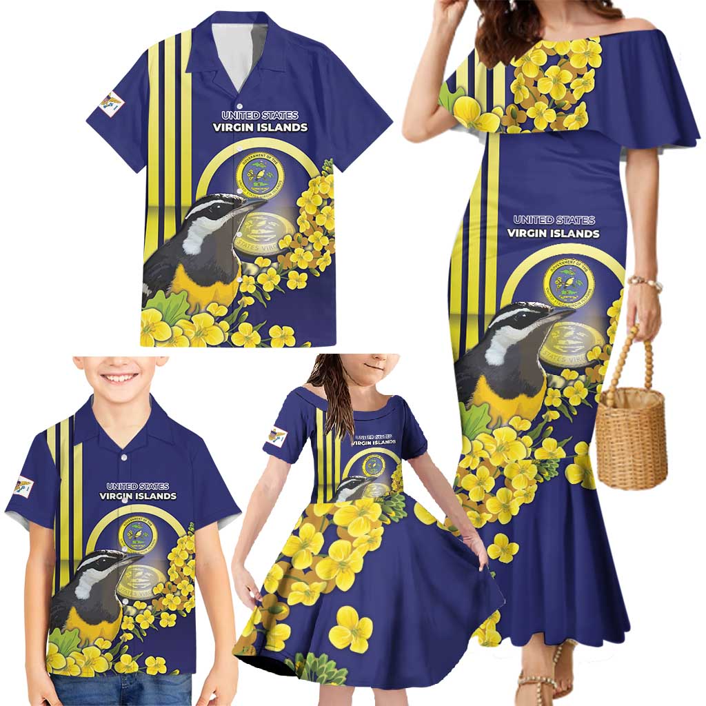 Personalized United States Virgin Islands Family Matching Mermaid Dress and Hawaiian Shirt Bananaquit Bird With Yellow Sage Flowers - Wonder Print Shop