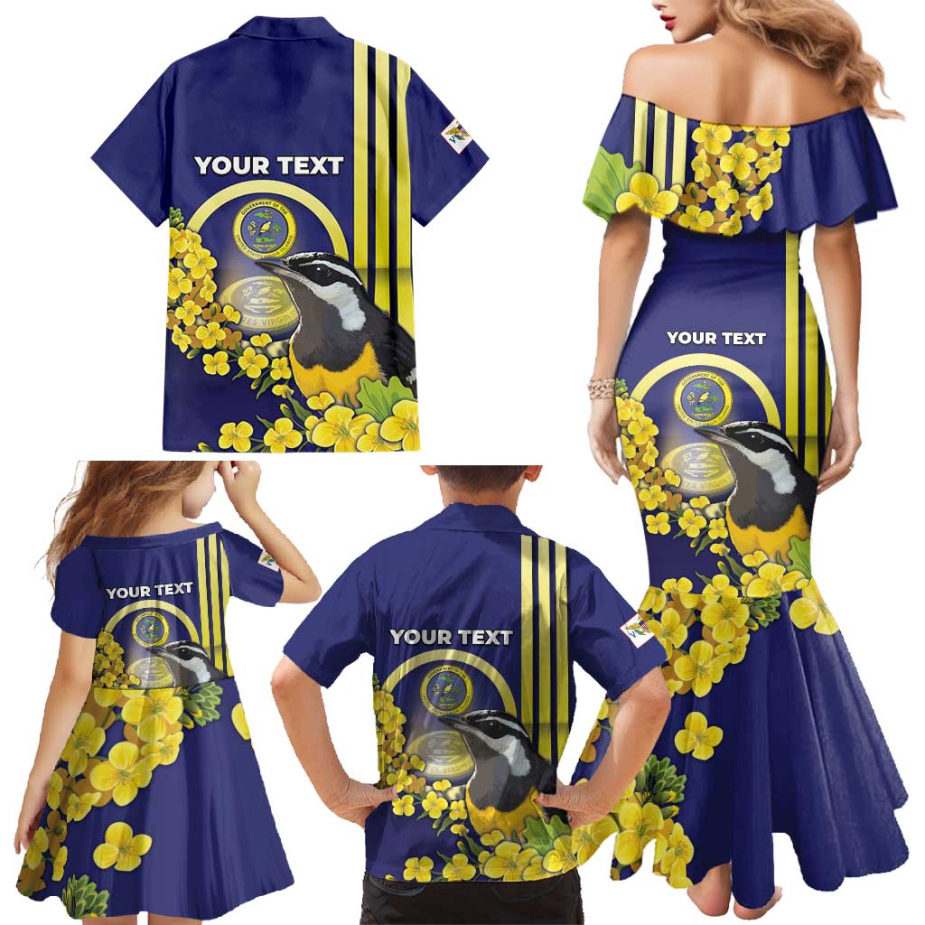 Personalized United States Virgin Islands Family Matching Mermaid Dress and Hawaiian Shirt Bananaquit Bird With Yellow Sage Flowers - Wonder Print Shop