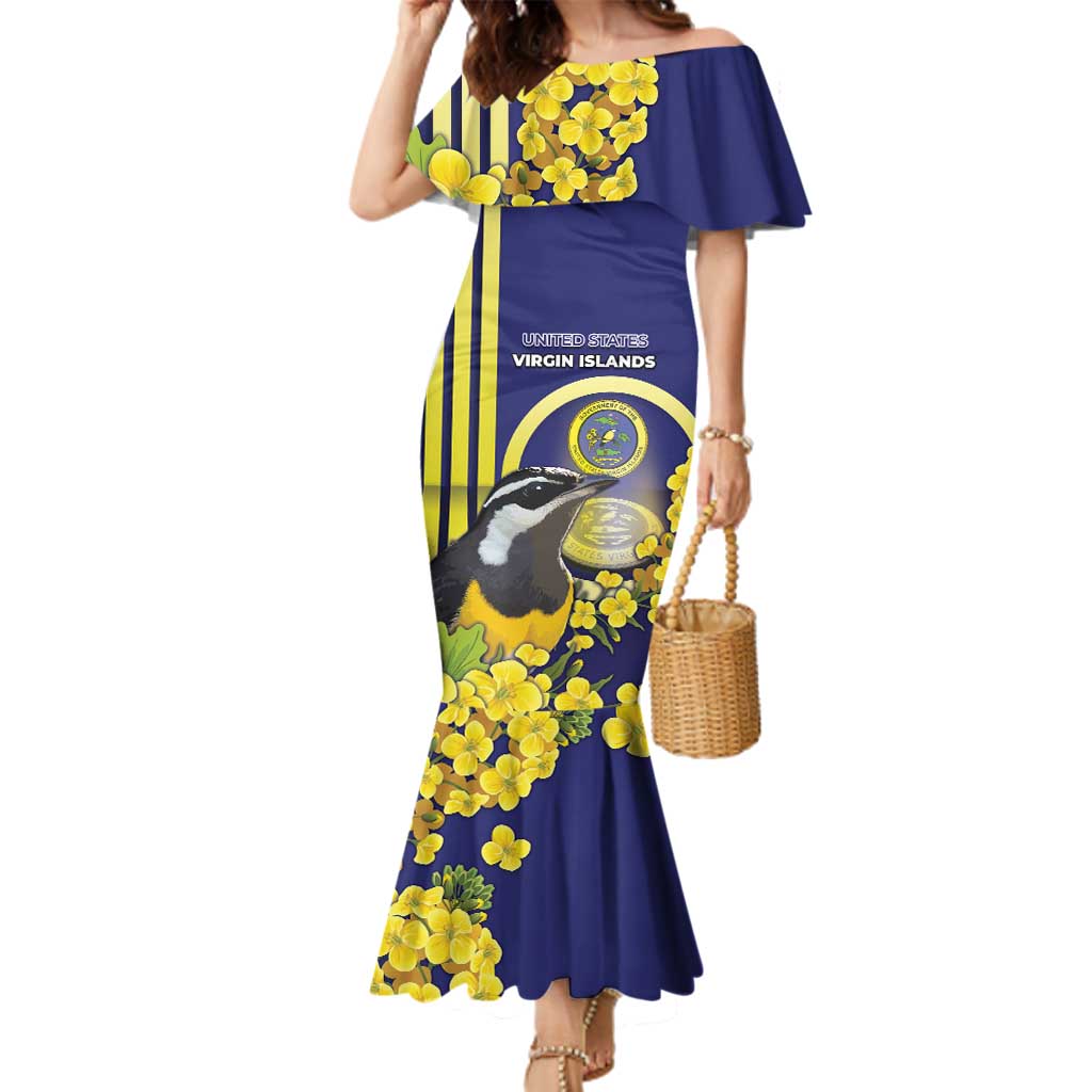 Personalized United States Virgin Islands Family Matching Mermaid Dress and Hawaiian Shirt Bananaquit Bird With Yellow Sage Flowers - Wonder Print Shop