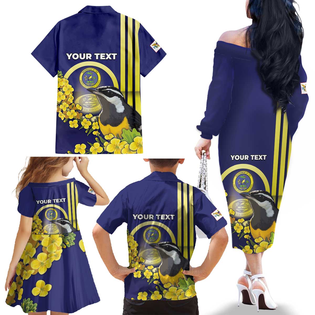 Personalized United States Virgin Islands Family Matching Off The Shoulder Long Sleeve Dress and Hawaiian Shirt Bananaquit Bird With Yellow Sage Flowers - Wonder Print Shop