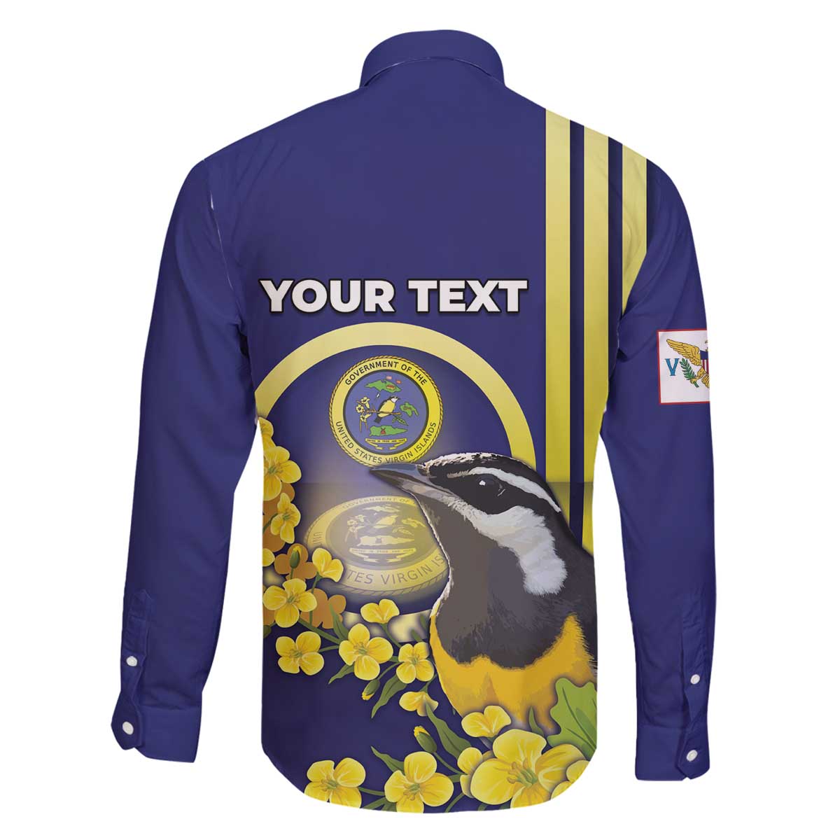 Personalized United States Virgin Islands Family Matching Off The Shoulder Long Sleeve Dress and Hawaiian Shirt Bananaquit Bird With Yellow Sage Flowers - Wonder Print Shop