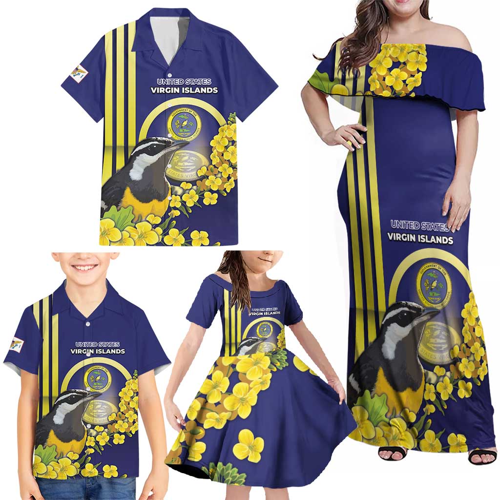 Personalized United States Virgin Islands Family Matching Off Shoulder Maxi Dress and Hawaiian Shirt Bananaquit Bird With Yellow Sage Flowers - Wonder Print Shop