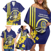 Personalized United States Virgin Islands Family Matching Off Shoulder Short Dress and Hawaiian Shirt Bananaquit Bird With Yellow Sage Flowers - Wonder Print Shop