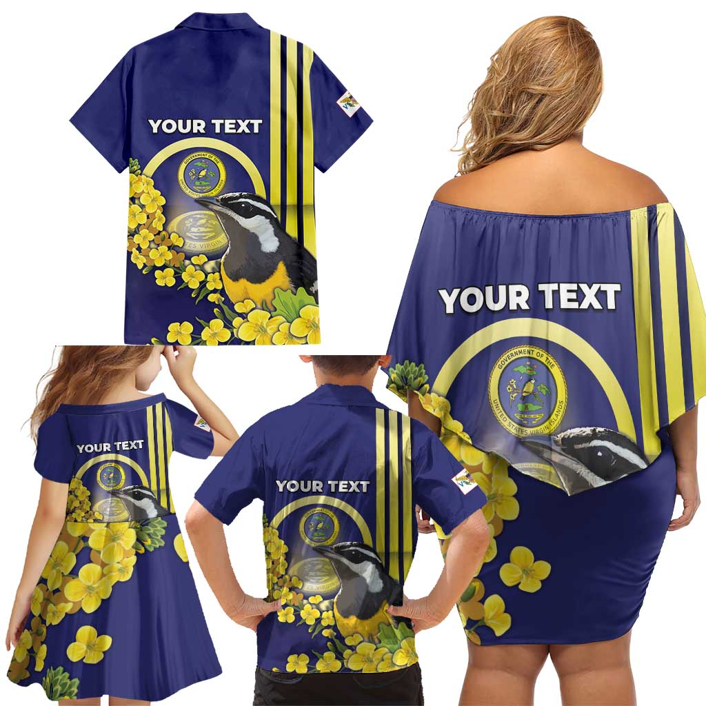 Personalized United States Virgin Islands Family Matching Off Shoulder Short Dress and Hawaiian Shirt Bananaquit Bird With Yellow Sage Flowers - Wonder Print Shop