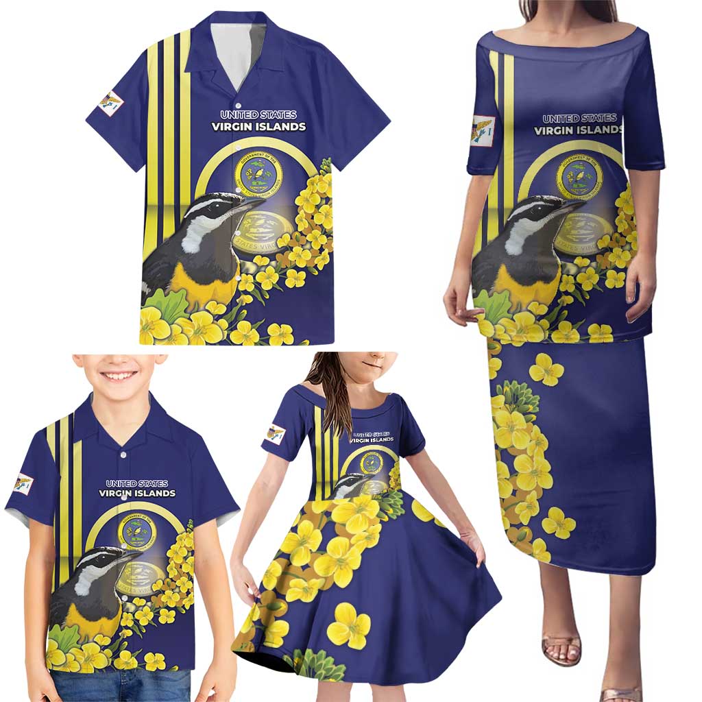 Personalized United States Virgin Islands Family Matching Puletasi and Hawaiian Shirt Bananaquit Bird With Yellow Sage Flowers - Wonder Print Shop
