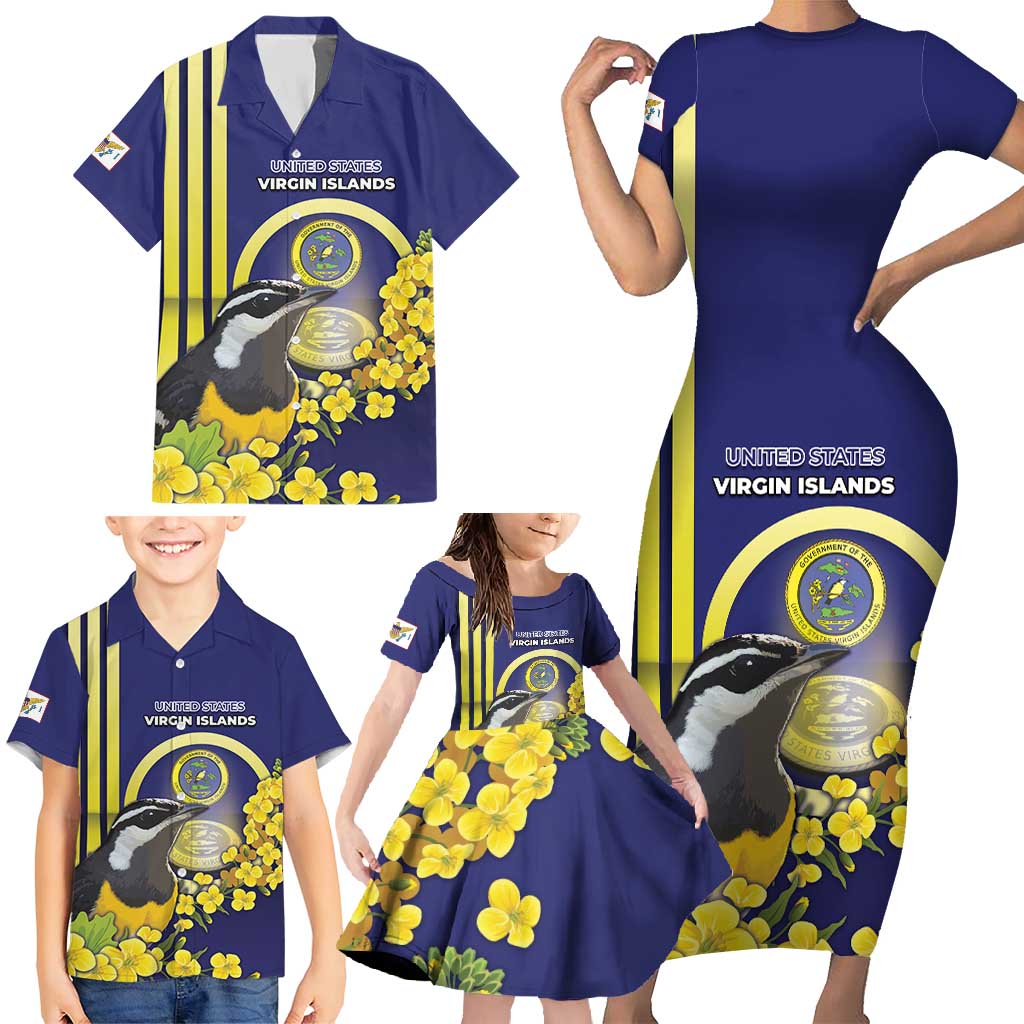Personalized United States Virgin Islands Family Matching Short Sleeve Bodycon Dress and Hawaiian Shirt Bananaquit Bird With Yellow Sage Flowers - Wonder Print Shop
