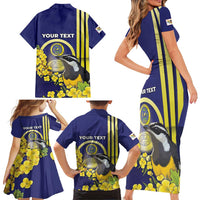 Personalized United States Virgin Islands Family Matching Short Sleeve Bodycon Dress and Hawaiian Shirt Bananaquit Bird With Yellow Sage Flowers - Wonder Print Shop