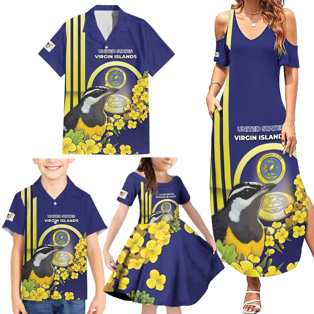 Personalized United States Virgin Islands Family Matching Summer Maxi Dress and Hawaiian Shirt Bananaquit Bird With Yellow Sage Flowers - Wonder Print Shop