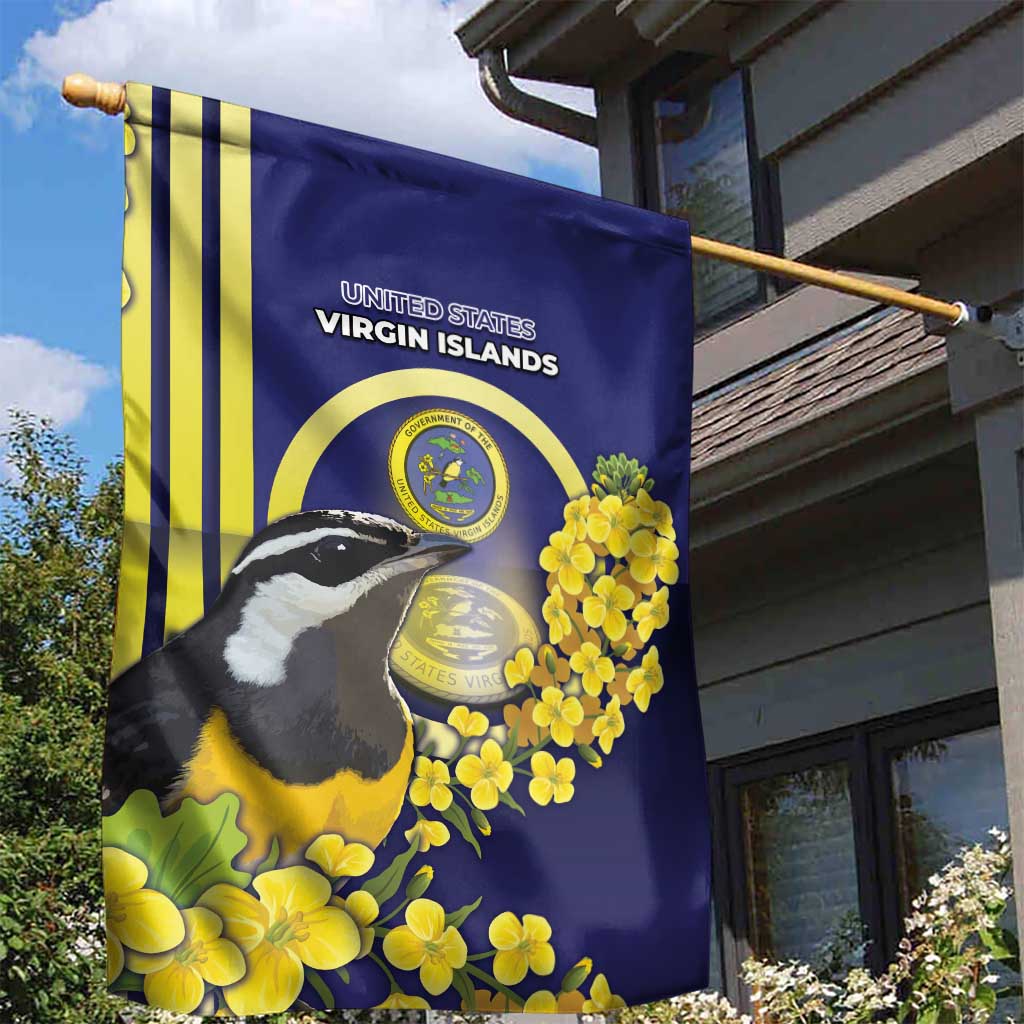 United States Virgin Islands Garden Flag Bananaquit Bird With Yellow Sage Flowers - Wonder Print Shop
